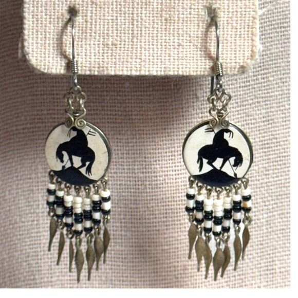 Vintage End Of The Trail Silver & Black Beaded Earrings Silhouette Dangling Drop - Picture 1 of 6